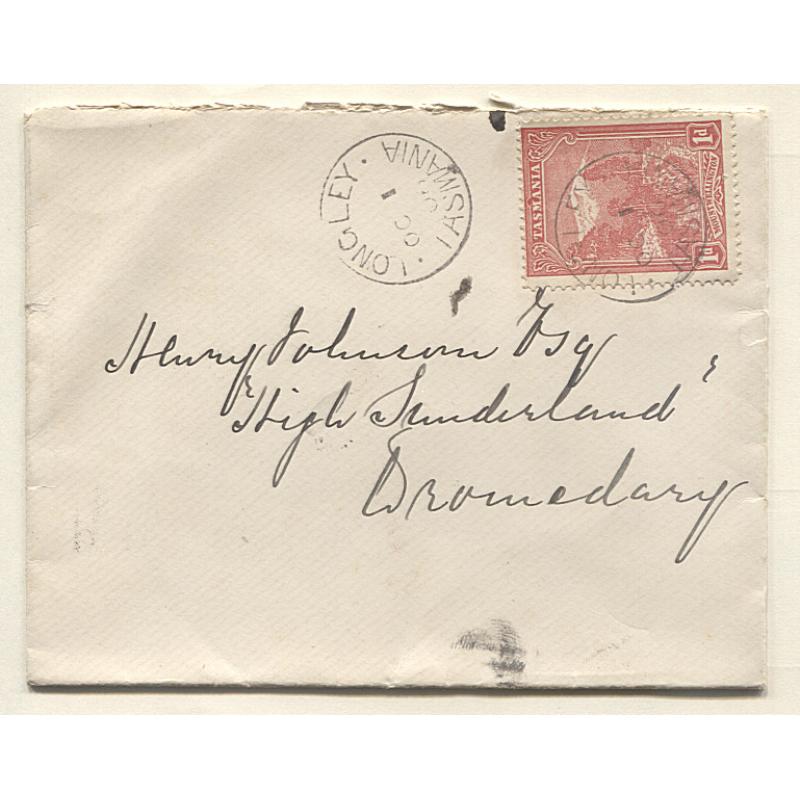 (AE10002) TASMANIA · 1906: small envelope in nice condition bearing 1d Pictorial franking tied by a full clear strike of the LONGLEY Type 1 cds which is rated R-(7) with another alongside .....much rarer still "on cover"