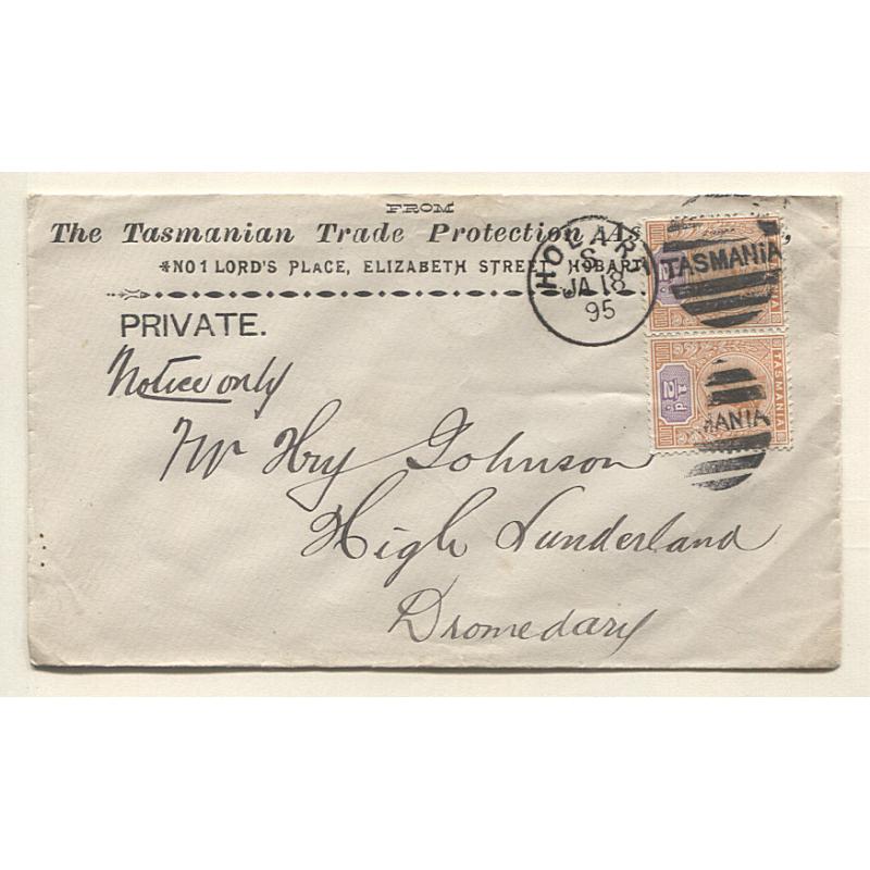 (AE10003) TASMANIA · 1895: THE TASMANIAN TRADE PROTECTION ASSOCIATION envelope endorsed "Notice Only" mailed at Hobart to Dromedary with a pair of ½d QV Tablets making up the applicable rate · fine condition