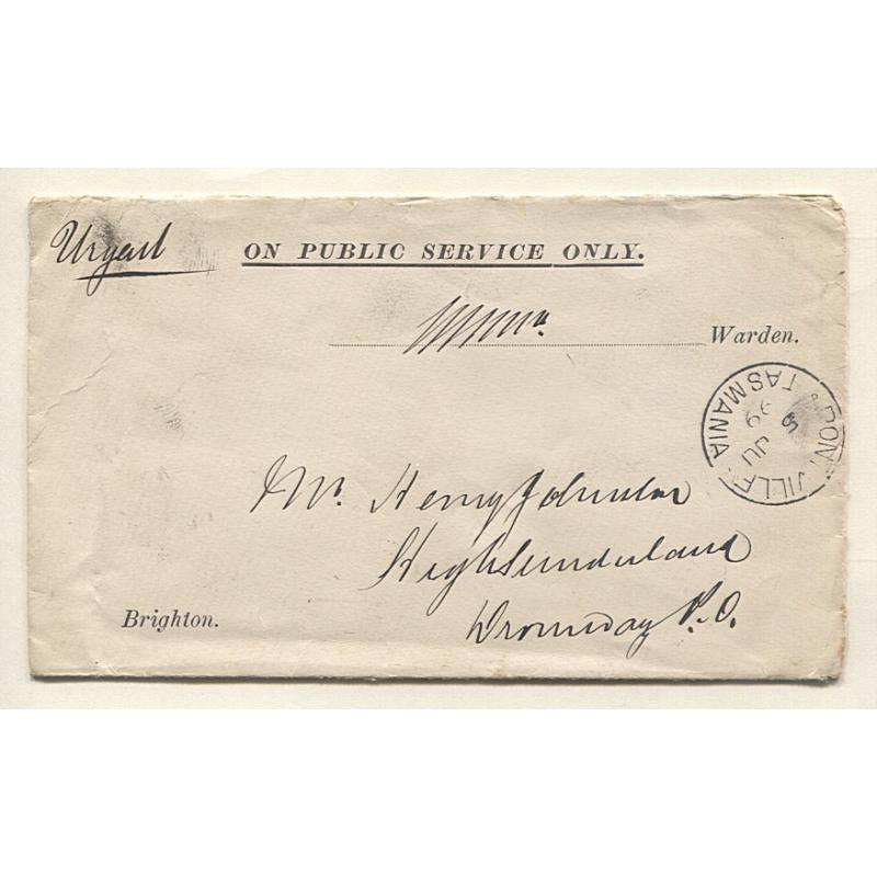 (AE10004) TASMANIA · 1899: small Brighton Municipality OPSO envelope endorsed "Urgent" mailed to Dromedary at Pontville · signature frank applied by warden · excellent condition