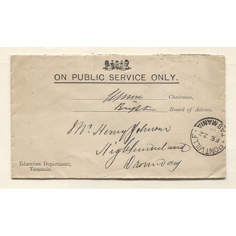 (AE10006) TASMANIA · 1901: small Education Department OPSO envelope for use by Boards of Advice · this example with a signature frank ( Board Chairman) mailed at Pontville to Dromedary