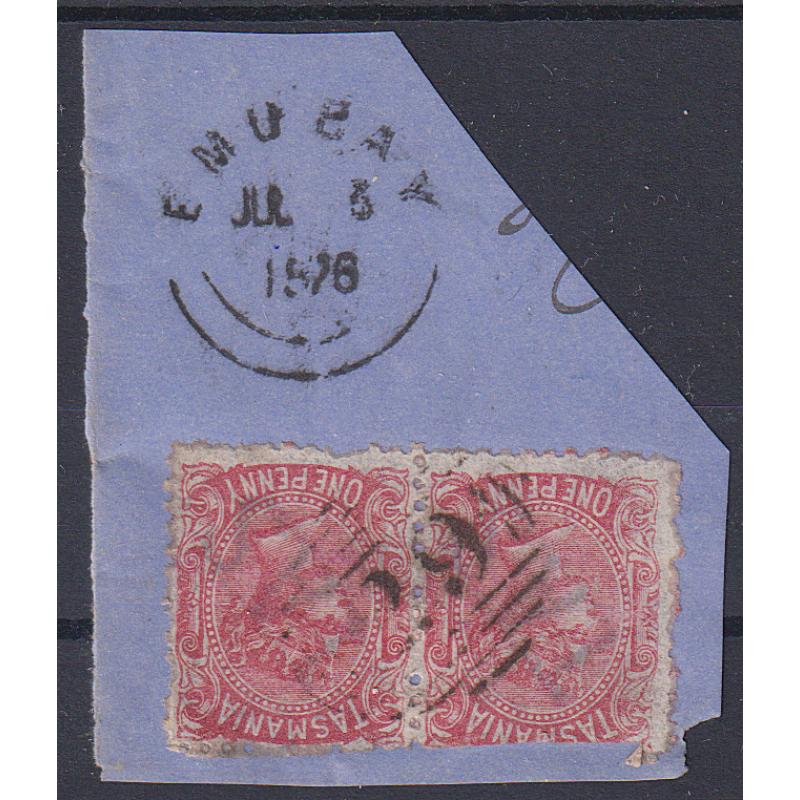 (AN1033) TASMANIA · 1876: large piece bearing a full strike of the Type U1 EMU BAY cds which is rated R · pair of 1d QV S/face with clear strike of BN29 provides and excellent "tie"