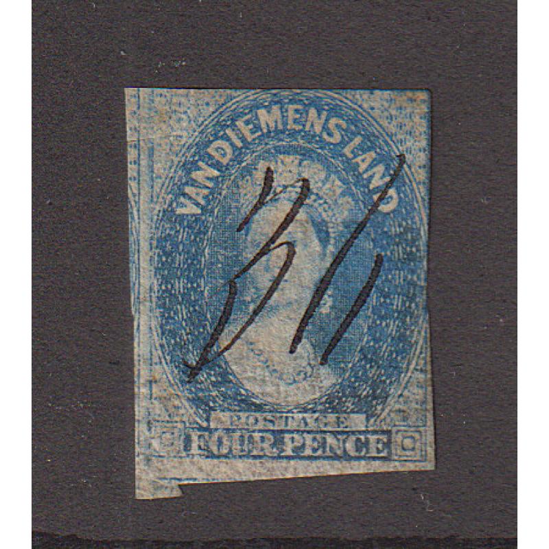 (AN1034) TASMANIA · an excellent example of '36' in manuscript on a 4d blue QV Chalon which was applied at HUON