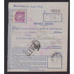 (AN1037) TASMANIA · 1897: post office MONEY ORDER issued at Newtown NSW marked PAID at Hobart GPO with a clear impression of the M.O.O. & S.B. TASMANIA Type 1 cds which is rated RRR · document in fine condition (2 images)
