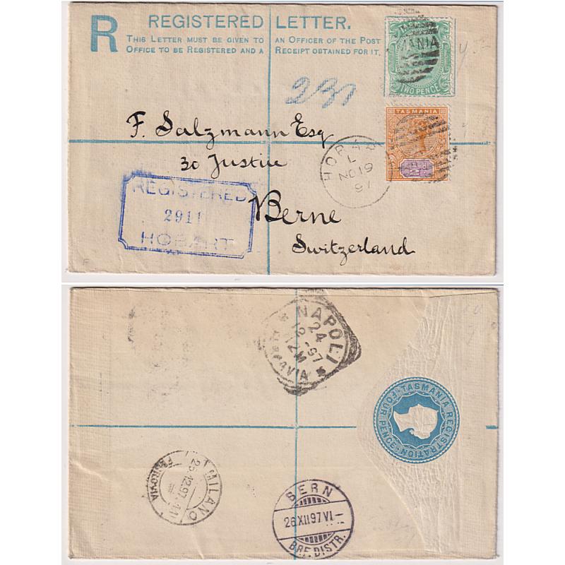(AN1038) TASMANIA · 1897: late use of 4d registered letter envelope G7S RE1A uprated with 2d QV S/face + ½d QV Tablet franking mailed to Switzerland via Italy from Hobart · fine condition · see full description