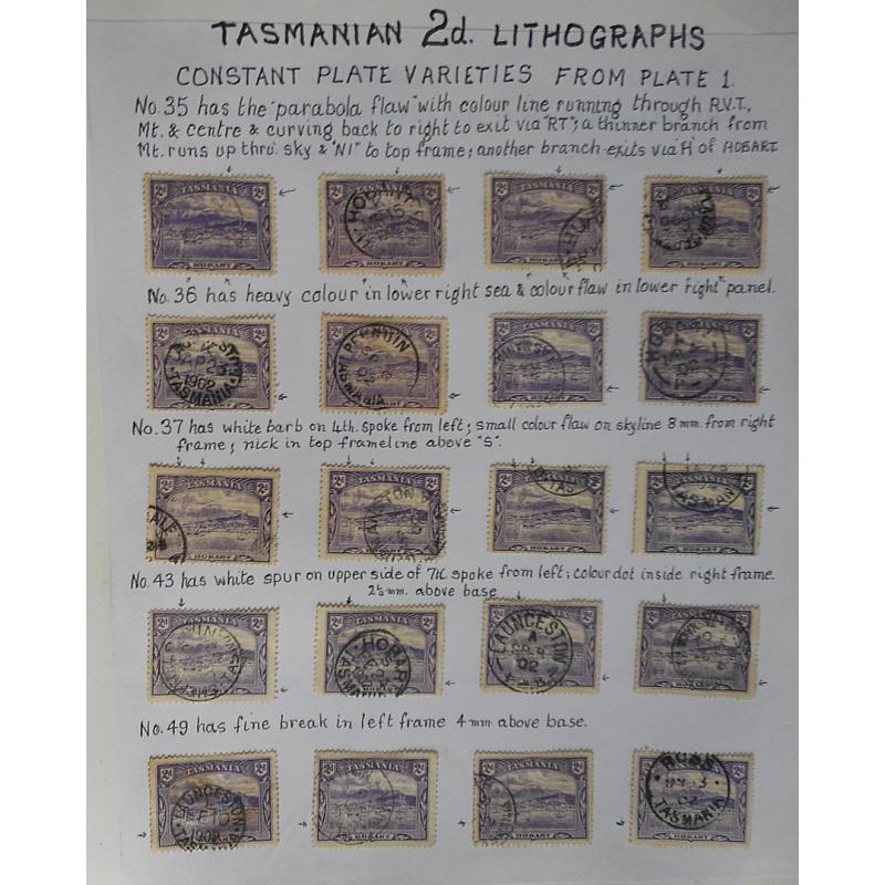 (AN1041L) TASMANIA · 3x untouched pages from the specialist collection of lithographed 2d Pictorials compiled by Keith Lancaster (who wrote "the book") with 4 examples of 15 varieties from Plate 1 (3 images)