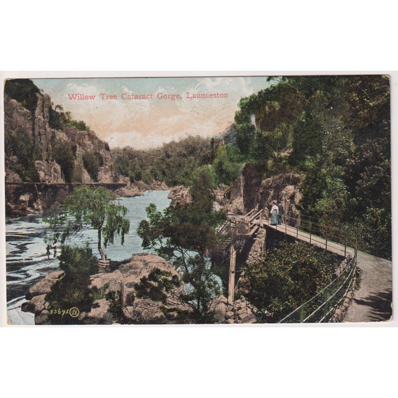 (AT1036) TASMANIA · 1907: postally used card by Valentine '53675' w/view WILLOW TREE, CATARACT GORGE, LAUNCESTON · some minor peripheral wear o/wise in an excellent condition · $5 STARTER!!