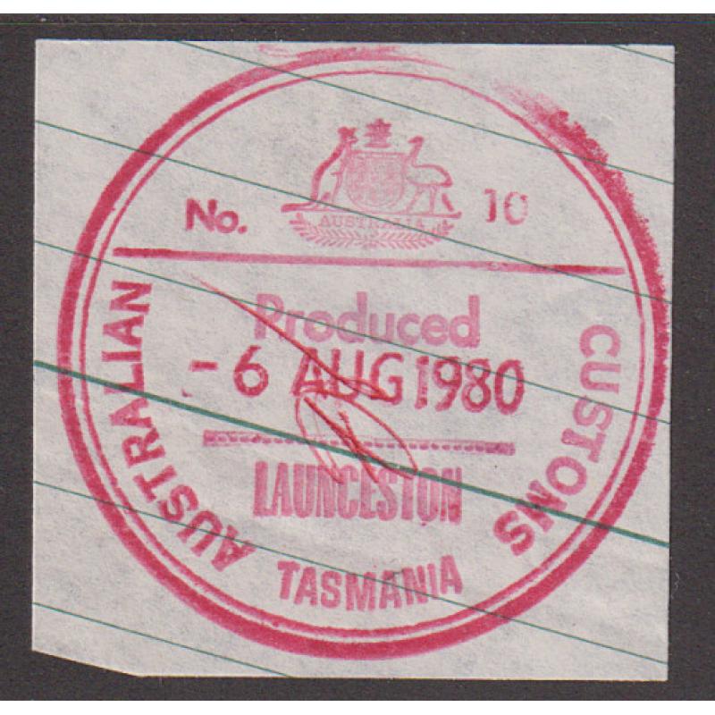 (AT1047) AUSTRALIA · TASMANIA 1980: full impression of AUSTRALIAN CUSTOMS LAUNCESTON No.10 datestamp om notepaper piece · a very nice example