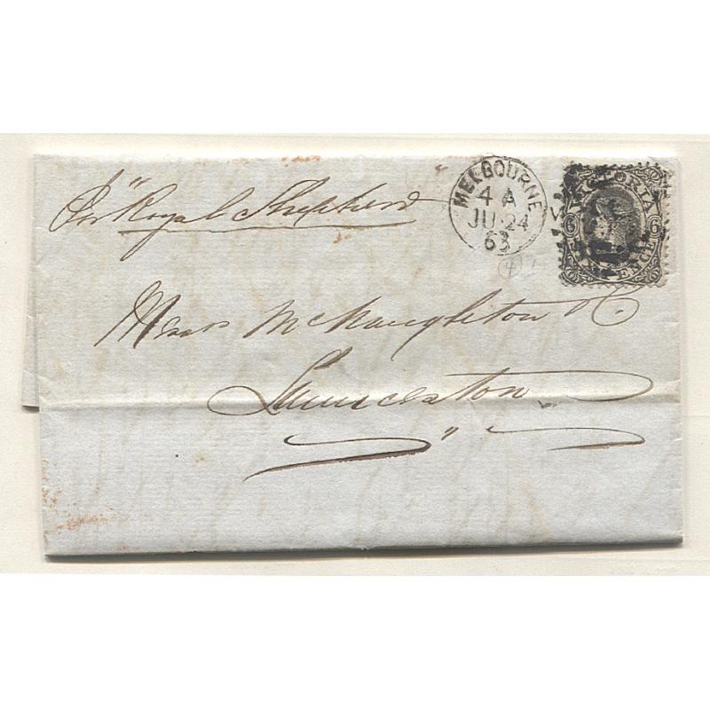 (AT15000) VICTORIA · 1863: attractive folded commercial letter mailed Melbourne / Launceston with single 6d QV "Beaded Oval" franking  · diamond Inwards Ship Letter in red on back · very nice condition front and back