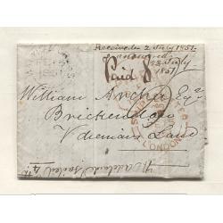 (AT15001) GREAT BRITAIN · 1851: folded letter to "William Archer Esq.  Brickendon  V.Diemans (sic) Land" mailed at Waltham Cross · London PAID and SHIP LETTER datestamps, etc. · excellent condition · ex Clemente Collection