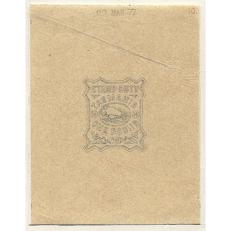 (AT15008) TASMANIA · 1877: adopted essay by De La Rue for the ONE POUND Platypus embossed revenue on very light brown paper with original "backing paper" · ex De La Rue archives auction