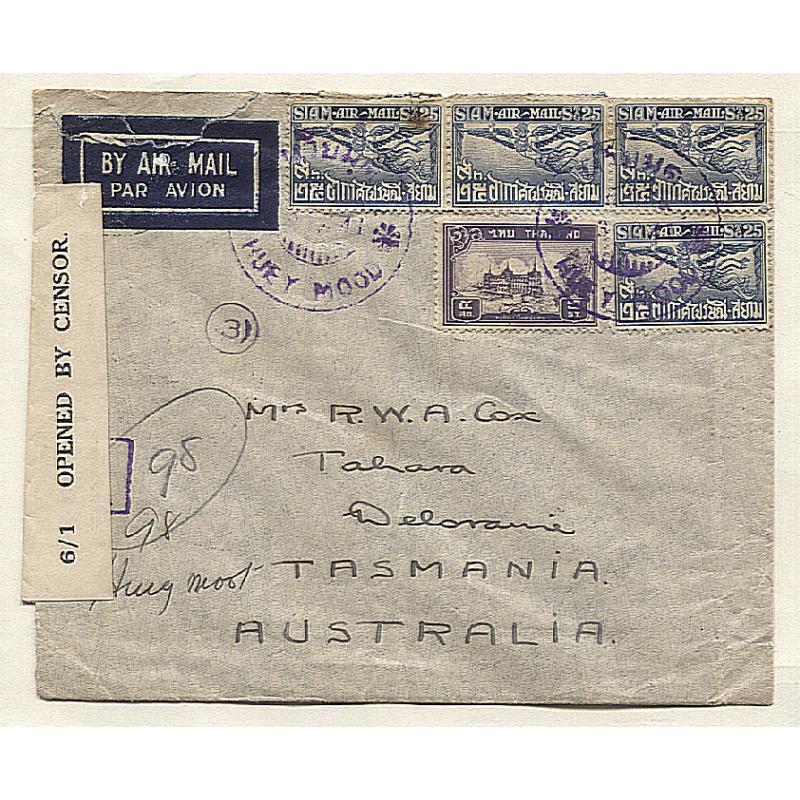 (AT15009) SIAM · 1941: censored air mail cover to Tasmania · range of b/stamps "document" the journey · some minor faults but overall condition is excellent to fine (2 images)