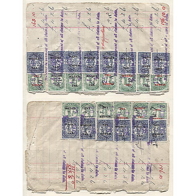 (AT15010) TASMANIA · 1935: page from wages book with WAGES TAX overprints on Numeral S./Duties comprising 14x 4d and 14x 1/- (7 each in red or black) · see full description · scarce item!
