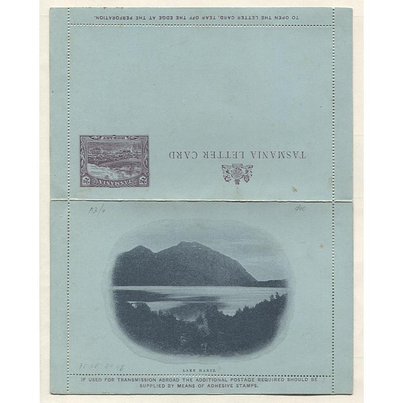 (AT15015) TASMANIA · 1900: unused 2d pictorial letter card with view of LAKE HARTZ · Groom & Allen LC2A.4 rated S · some minor imperfections but overall in a collectable condition inside and out (2 images)