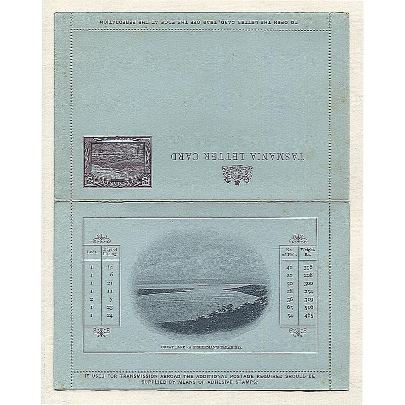 (AT15016) TASMANIA · 1900: unused 2d pictorial letter card with view of GREAT LAKE (A fisherman's Paradise) · Groom & Allen LC2A.3 rated S · excellent condition inside and out (2 images)