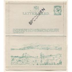(AT15018) TASMANIA · 1898: 2d QV pictorial letter card w/view Diana Basin and St. Patrick Head Groom & Shatten LC1C h/stamped SPECIMEN (Butler Type C) · excellent condition inside and out (2 images)
