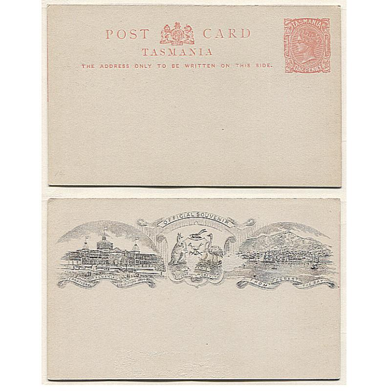 (AT15019) TASMANIA · 1893: unused 1d pinkish-red on off white QV postal card overprinted on the back as an official souvenir of the Tasmanian International Exhibition Groom & Shatten PC6.2 ......see full description