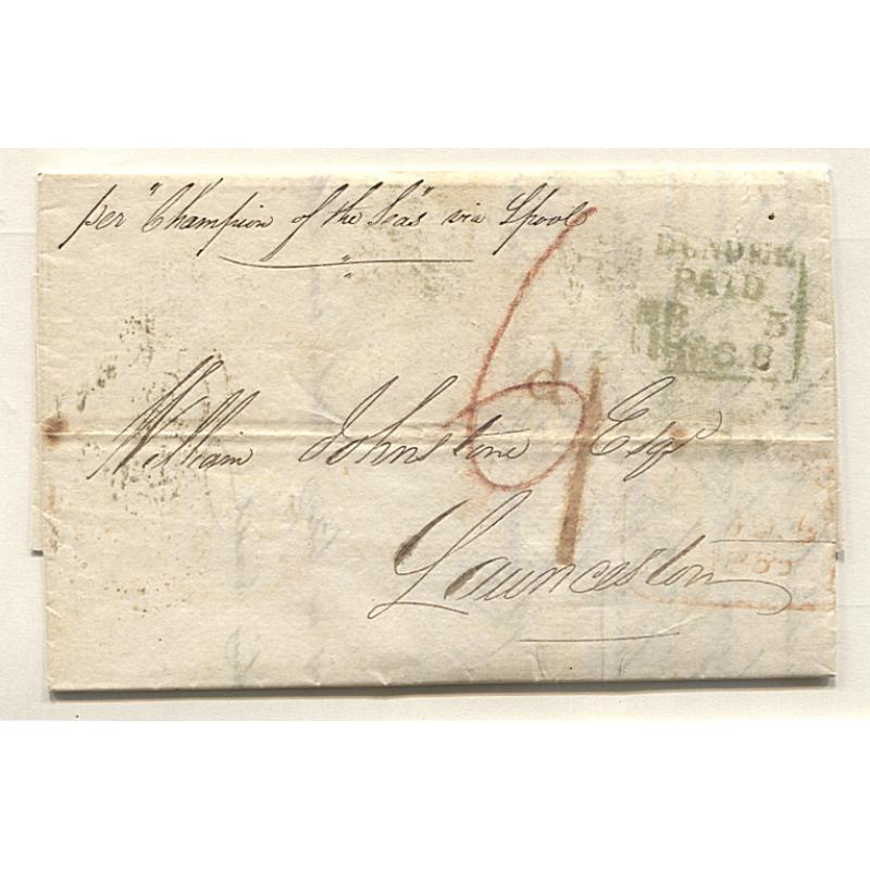 (AT15022) GREAT BRITAIN · TASMANIA  1856 stampless folded letter to Launceston mailed at DUNDEE via Liverpool and per "Champion of the Seas" · transit and arrival b/stamps · nice condition inside and out (2 images)