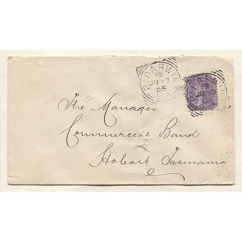 (AT15025) SOUTH AUSTRALIA  1905: cover to Tattersall alias network address at Hobart with two clear strikes of the Type SC2 PT DARWIN datestamp · usual spike-holes well repaired · Hobart arrival b/s indicates that transit took 16 days!