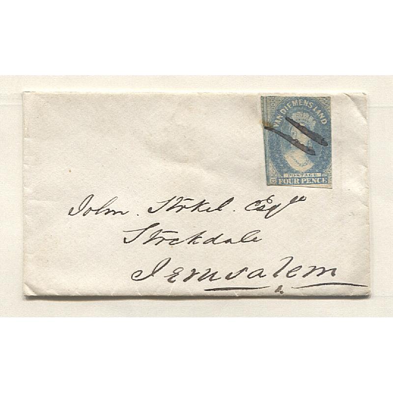 (AT15037) TASMANIA · c.1857: "Lady's Letter" mailed to JERUSALEM · 4d pale blue QV Chalon (Numeral Wmk) SG36 cancelled with two pen strokes, mostly likely at RICHMOND · fine condition