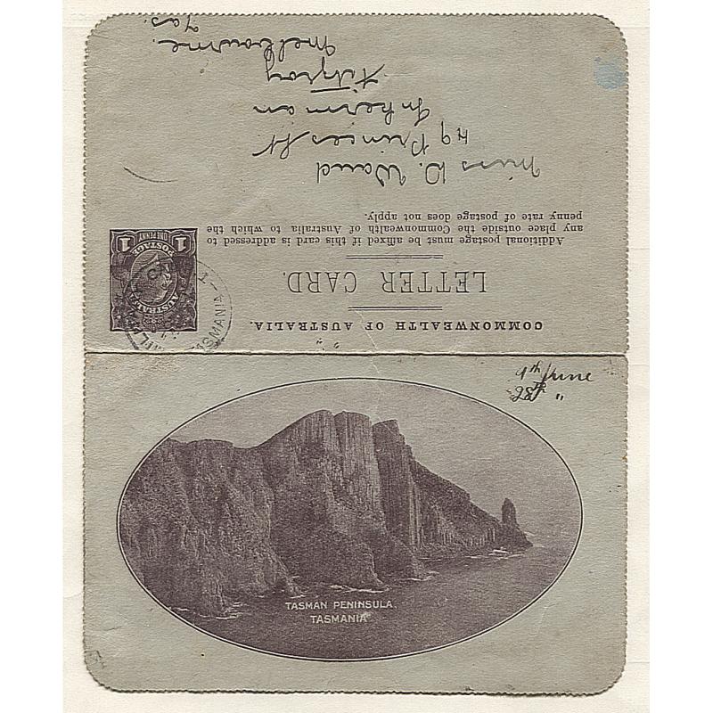 (AT15042) TASMANIA · 1915 (July 17th): 1d deep brown KGV pictorial lettercard BW LC18(13) mailed by soldier about to depart for "Abroad" from Claremont Military Camp · clear strike of Type 2b cds (2 images)