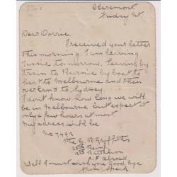 (AT15042) TASMANIA · 1915 (July 17th): 1d deep brown KGV pictorial lettercard BW LC18(13) mailed by soldier about to depart for "Abroad" from Claremont Military Camp · clear strike of Type 2b cds (2 images)