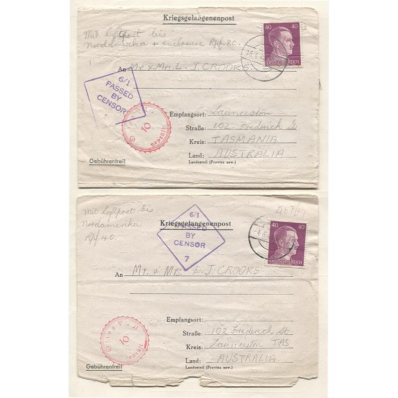 (AT15047) GERMANY · 1944: 2 PoW lettersheets mailed from Stalag VIIB to TAS · both from Lt. J.P. Crooks to his parents and have been forwarded by air mail via Nth America · censored on arrival · see full description (3 images)