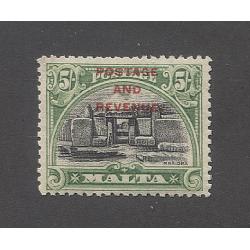 (BB10012) MALTA · 1928: mint 5/- black & green pictorial definitive optd POSTAGE AND REVENUE SG 191 · nice example in excellent condition · c.v. £38 (2 images)