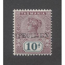 (BB10018) TASMANIA · 1899: 10d purple-lake & deep green QV Tablet optd SPECIMEN SG 220s in fine condition · has been mounted previously (2 images)