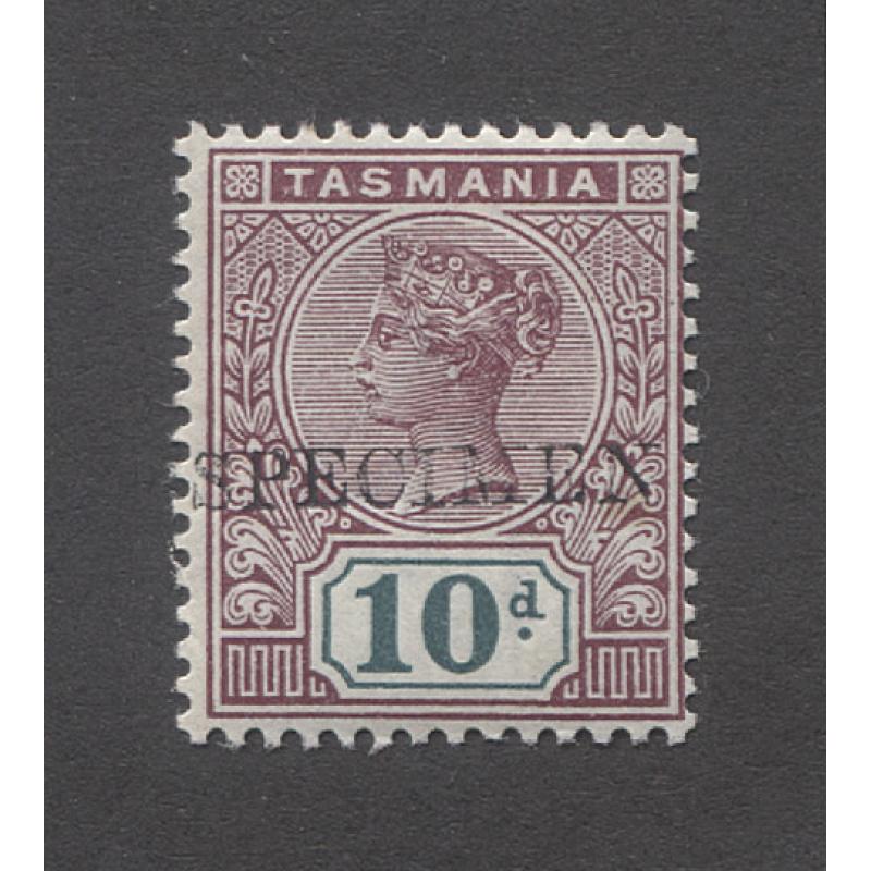 (BB10018) TASMANIA · 1899: 10d purple-lake & deep green QV Tablet optd SPECIMEN SG 220s in fine condition · has been mounted previously (2 images)