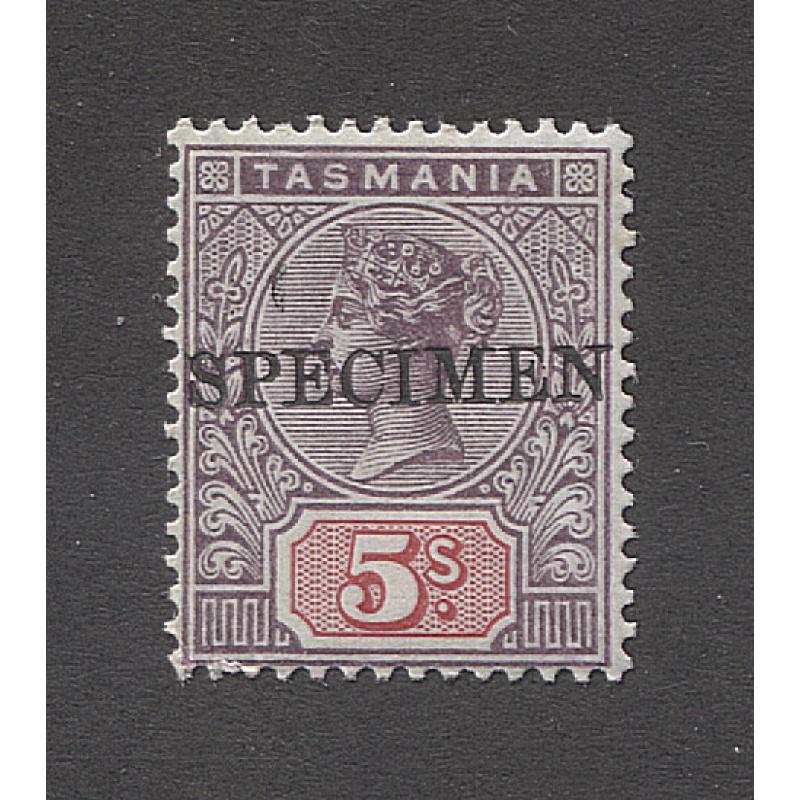 (BB10019) TASMANIA · 1897: 5/- lilac & red QV Key Plate optd SPECIMEN SG223s in VF condition · has been very lightly mounted (2 images)