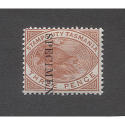 (BB10020) TASMANIA · 1889/91: 3d chestnut Platypus postal/fiscal optd SPECIMEN SG F27s in VF condition · has been very lightly mounted · a very nice example (2 images)