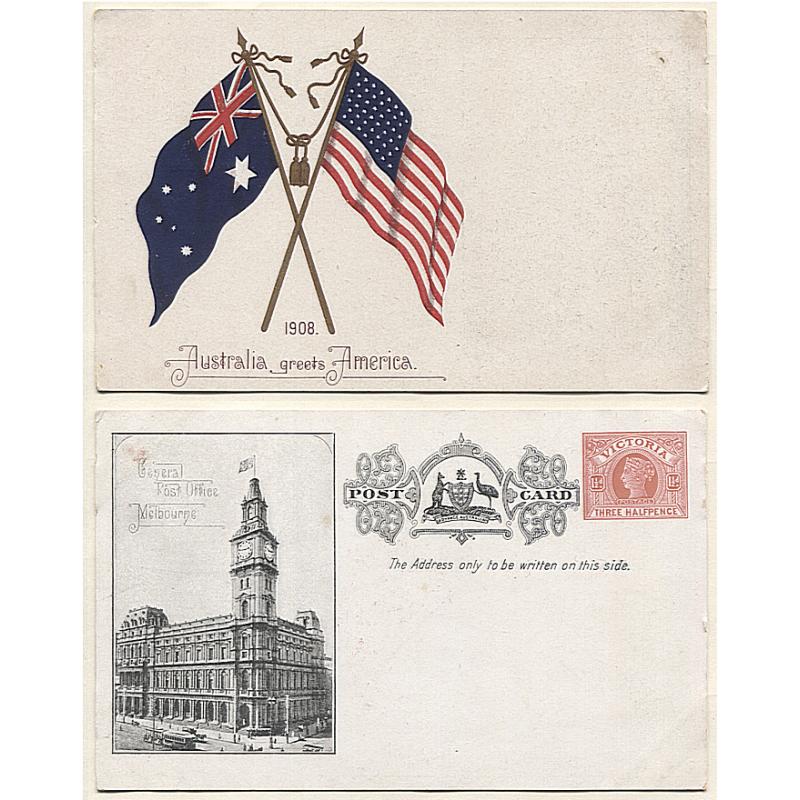 (BB10061) VICTORIA · 1908: unused 1½d souvenir postal card AUSTRALIA GREETS AMERICA issued to celebrate the visit of the American Fleet to Melbourne H&G #31 · excellent condition front and verso