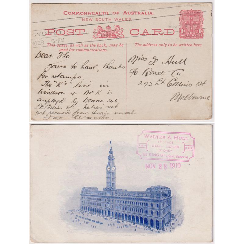 (BB10018) NEW SOUTH WALES · 1910: 1d Shield pictorial postal card w/view of the SYDNEY GPO H&G #19/8 mailed by Sydney stamp dealer Walter A. Hull (rubber stamp on front) · excellent condition front and verso