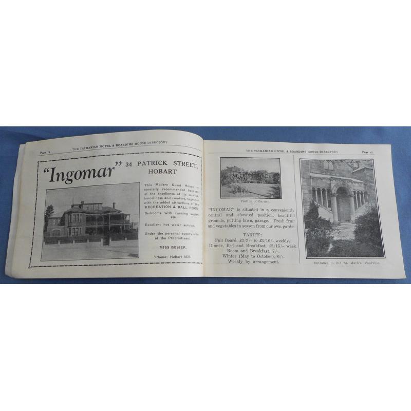 (BB1029L) TASMANIA · 1937/38: Tourist Bureau publication 'TASMANIA · A DIRECTORY TO HOTEL AND BOARDING HOUSE ACCOMMODATION · 136 pp featuring advertising and many photos by Spurling, Beattie et al · see full description and 8 sample images