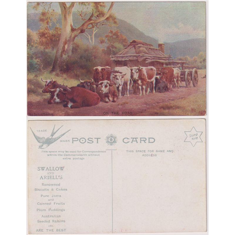 (BB1045) AUSTRALIA · c.1910: unused ON THE ROAD card by Osboldstone re-purposed as an advertising card fro SWALLOW AND ARIELL'S RENOWNED BISCUITS & CAKES · excellent condition