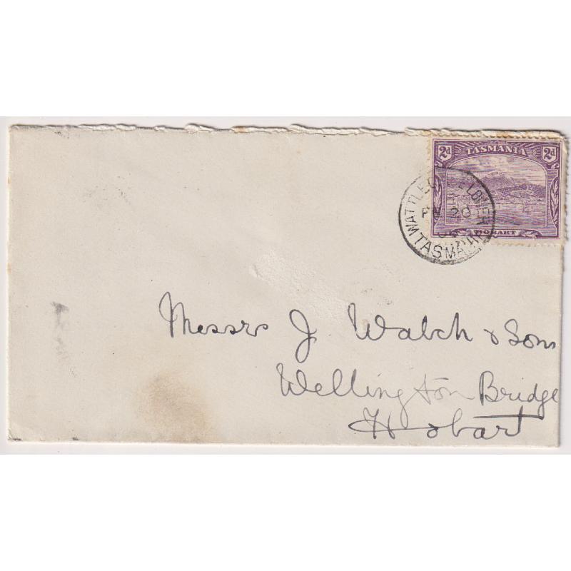 (BB1055) TASMANIA · 1906: a clear fully-framed strike of the WATTLE GROVE LOWER Type 1 cds on a 2d Pictorial franked cover · any imperfections are quite minor · postmark is rated S+(6*)