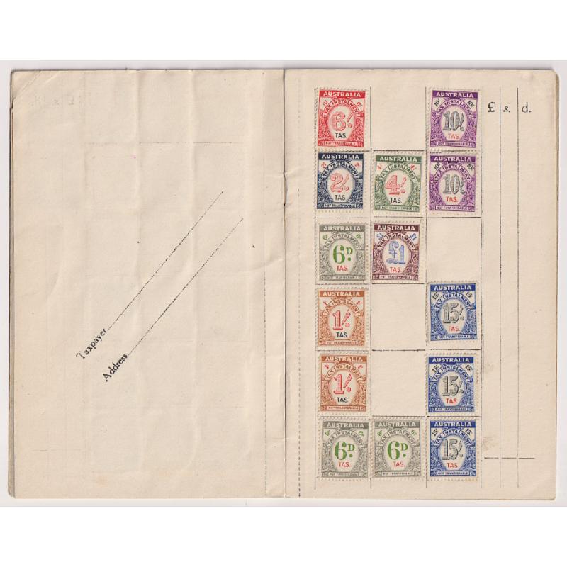 (BB1061) TASMANIA · 1940s: STATE INCOME TAX STAMP BOOK containing 3 pages of Commonwealth Tax Instalment stamps to £1 all but 4 for use in Tasmania · see largest images as well as the full description · excellent condition (5 sample images)