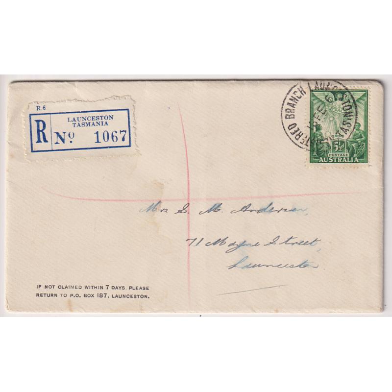 (BB1081) AUSTRALIA · 1946 (Feb 18th): registered letter mailed at Launceston with single 5½d Peace franking which paid the fee + postage + War Tax - postmarked on the f.d.i. - excellent condition