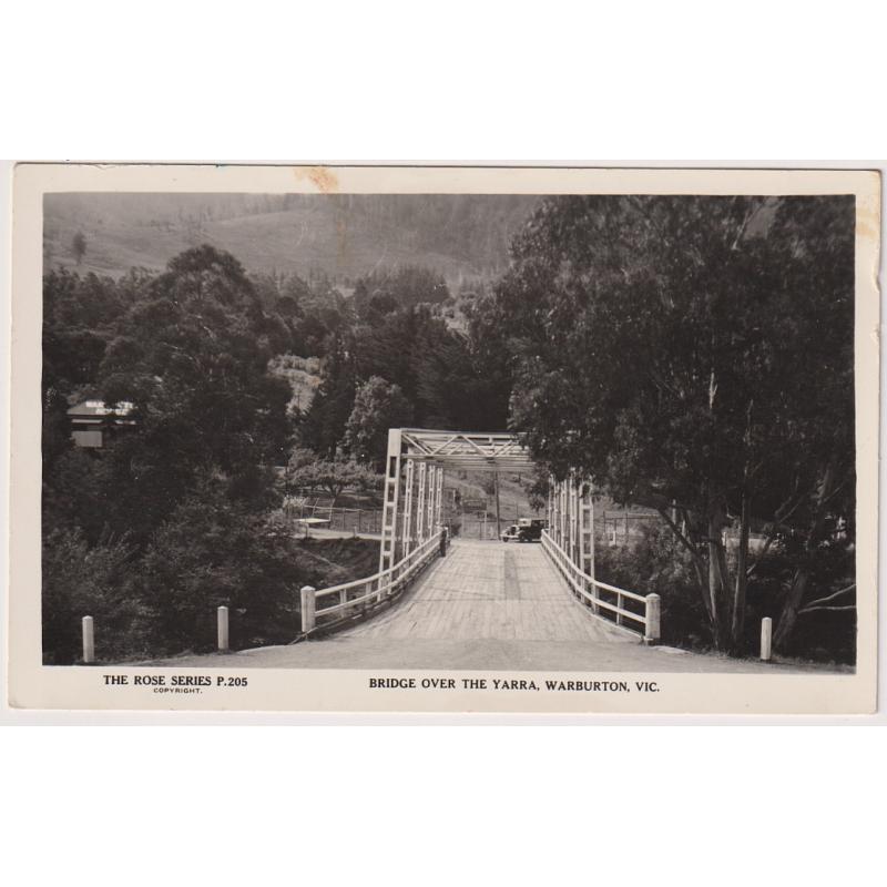 (BB1093) VICTORIA · 1930s: unused real photo card by Rose (P.205) w/view of the BRIDGE OVER THE YARRA, WARBURTON · a coupe of minor peripheral stains o/wise in excellent condition
