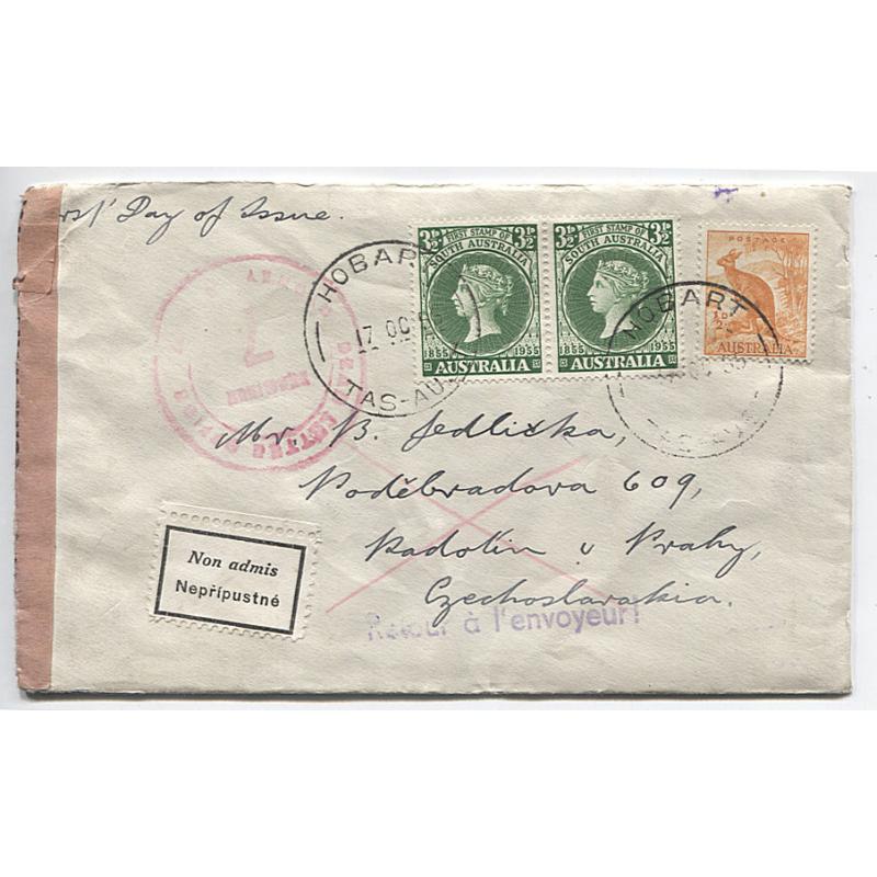 (BB1105) CZECHOSLOVAKIA · AUSTRALIA  1955: plain envelope FDC containing request to exchange stamps · opened and resealed by Czech Customs · "Non admis" label affixed  .....see full description · excellent condition (2 images)