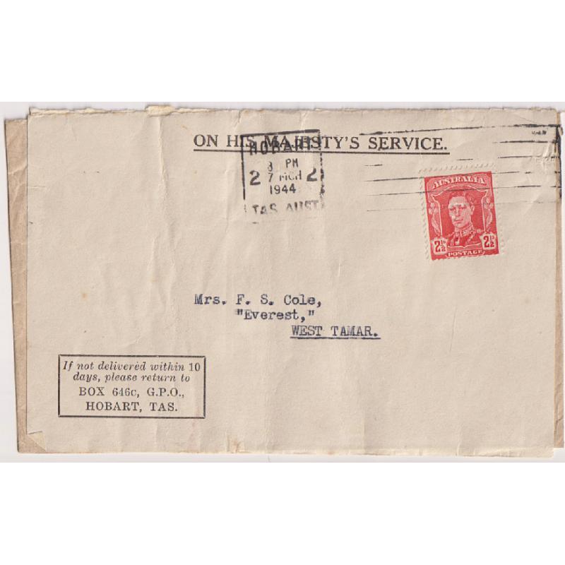 (BB1112) AUSTRALIA · 1944: O.H.M.S. "austerity cover" used in Tasmania with 2½d KGVI franking perf T · a "front" printed as an economy measure has been affixed to a previously used envelope · quite a rarity in excellent condition