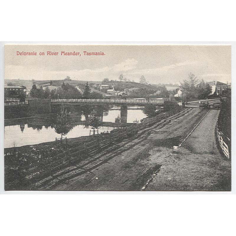 (BB1118) TASMANIA · c.1910: unused card published by Geo. Cameron, Storekeeper, Deloraine w/view of DELORAINE ON RIVER MEANDER in fine condition · uncommon view