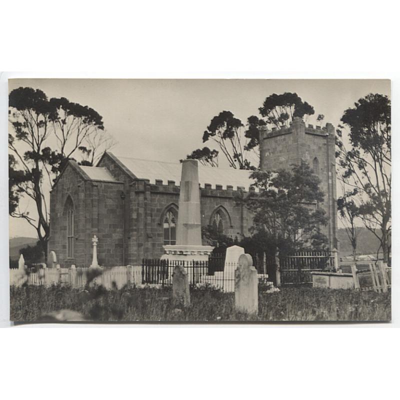 (BB1133) TASMANIA · c.1920: unused real photo card by J.W. Beattie with a view of the church at ROKEBY · the grave of the REV. ROBERT KNOPWOOD is front/centre · fine condition and a rare view