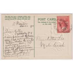 (BB1034) TASMANIA · 1910: a well above the average quality strike of the SOUTH PRESTON Type 2 cds ties a 1d Pictorial to an embossed greeting post card · postmark is rated RR+(12) · 2 images