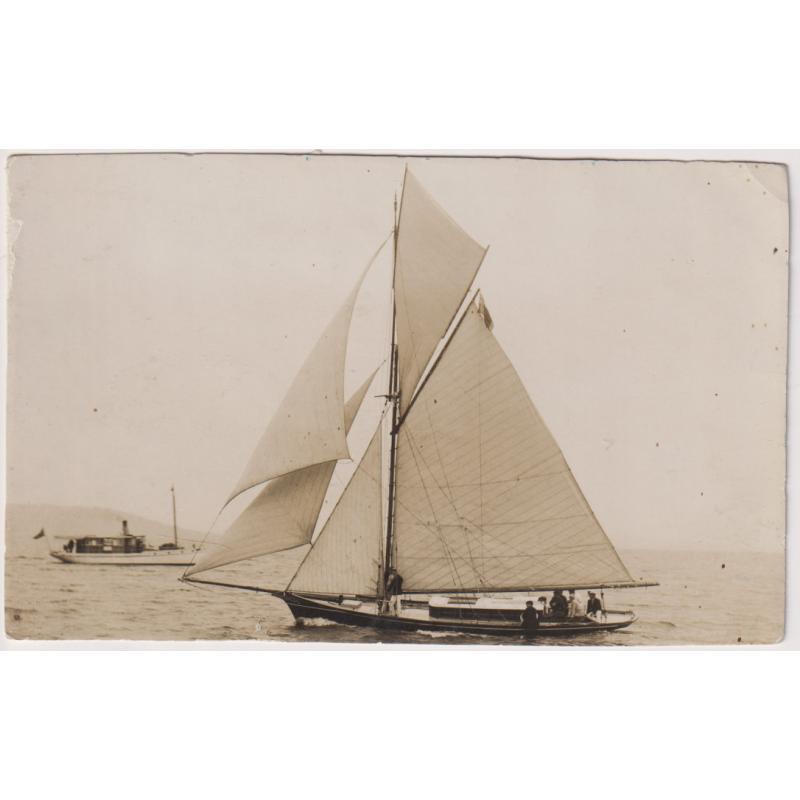(BB1206) TASMANIA · c.1910: real photo card by J.W. Beattie with a view of the cruising yacht 'MAYSIE' on the Derwent · unidentified steam launch in background · excellent to fine condition