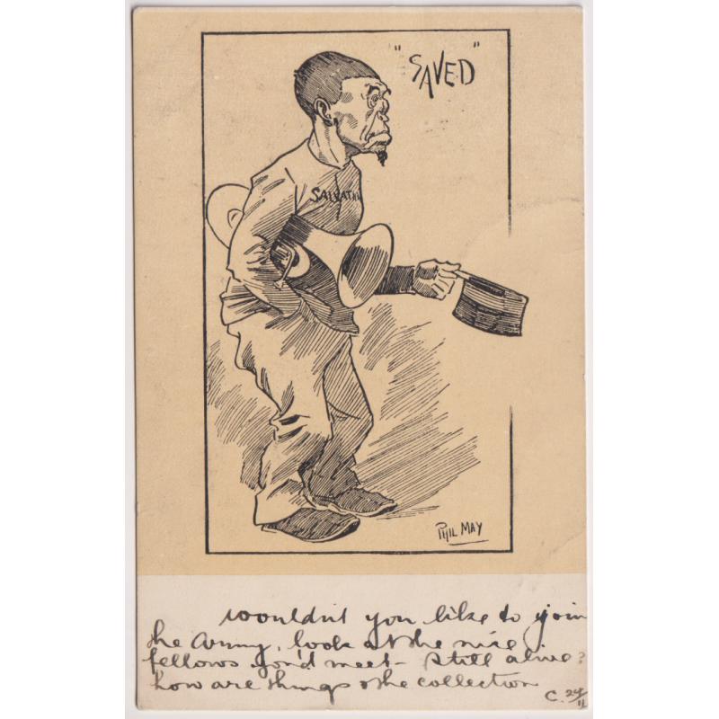 (BB1211) AUSTRALIA · 1905: humorous card drawn by Phil May titles "SAVED" published by "The Bulletin" · undivided back · postally used in Tasmania and in excellent to fine condition
