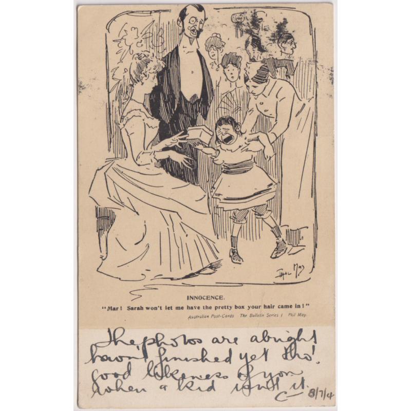 (BB1212) AUSTRALIA · 1905: humorous card drawn by Phil May titled "INNOCENCE" published by "The Bulletin" (Series I) · undivided back · postally used in Tasmania and in excellent to fine condition