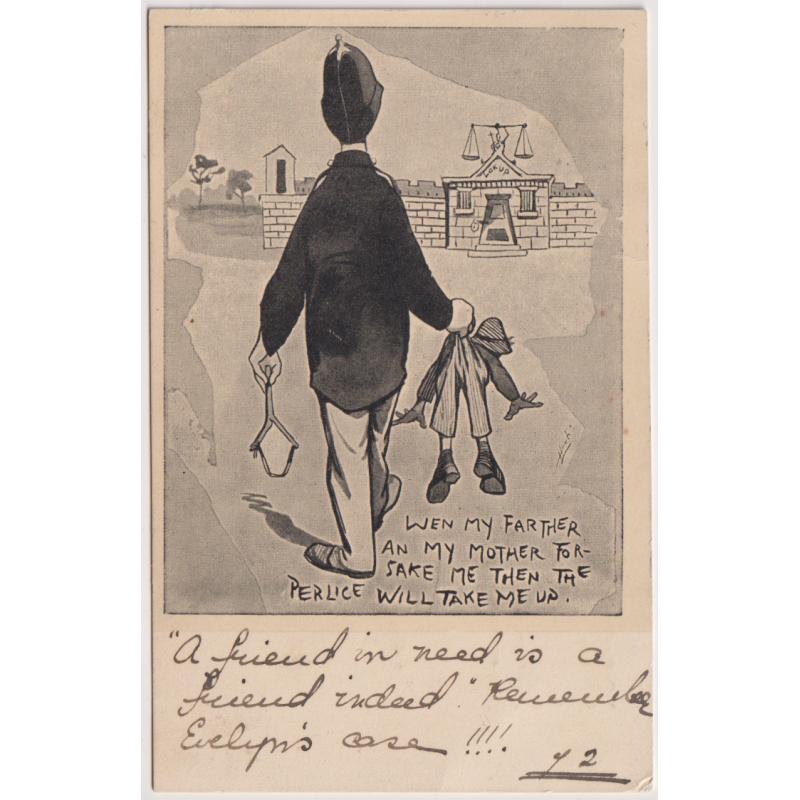 (BB1213) AUSTRALIA · 1905: humorous card by 'Hop' titled "WHEN MY FARTHER AN MY MOTHER FORSAKE ME..." published by "The Bulletin" (Series II) · undivided back · postally used in Tasmania and in excellent to fine condition