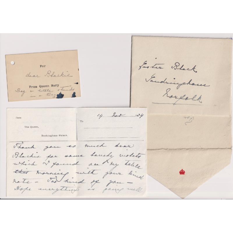 (BB1216) GREAT BRITAIN · 1920s: a card, 2 envelopes and a memo all bearing the handwriting on QUEEN MARY · all were directed to a servant(?) "Blackie" · see largest images (4 items)