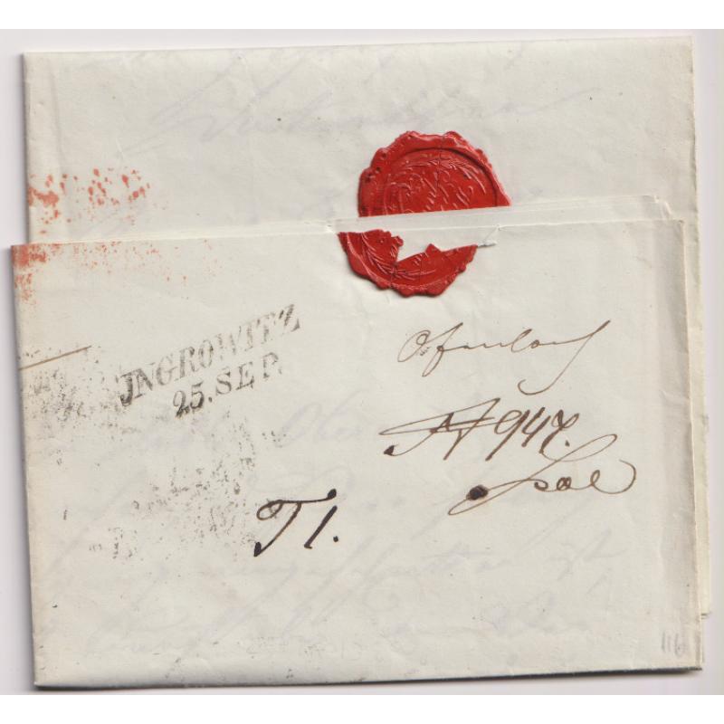 (BB1219) AUSTRIA 1847: registered folded letter to Ingrowitz (now Jimramov in the Czech Republic) mailed at Vienna · arrival datestamp on back · see full description (2 images)
